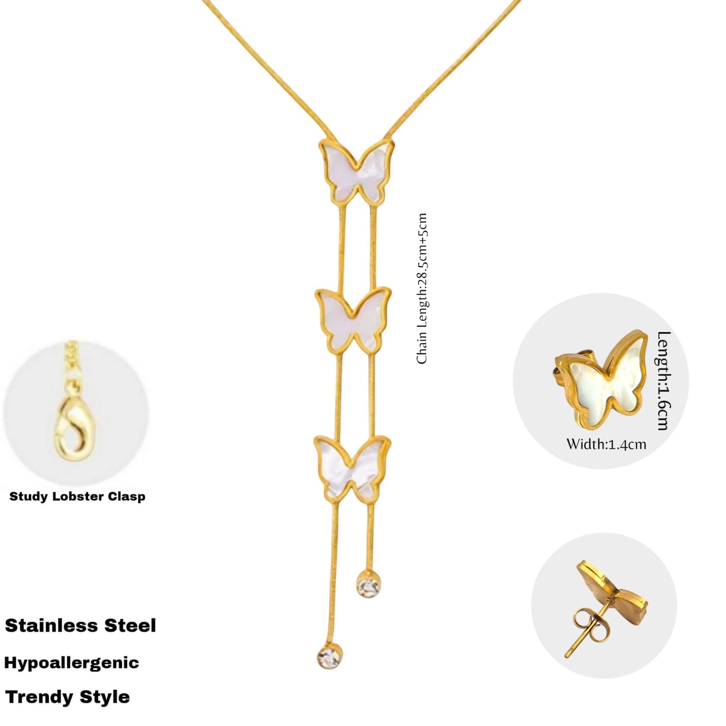 ANNAYA Butterfly Tassel Necklace & Earrings Set – Gold-Plated Zircon Jewelry