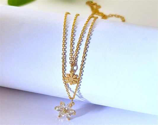 ANNAYA Double-Layered Flower Pendant Necklace – Stainless Steel Jewelry for Women