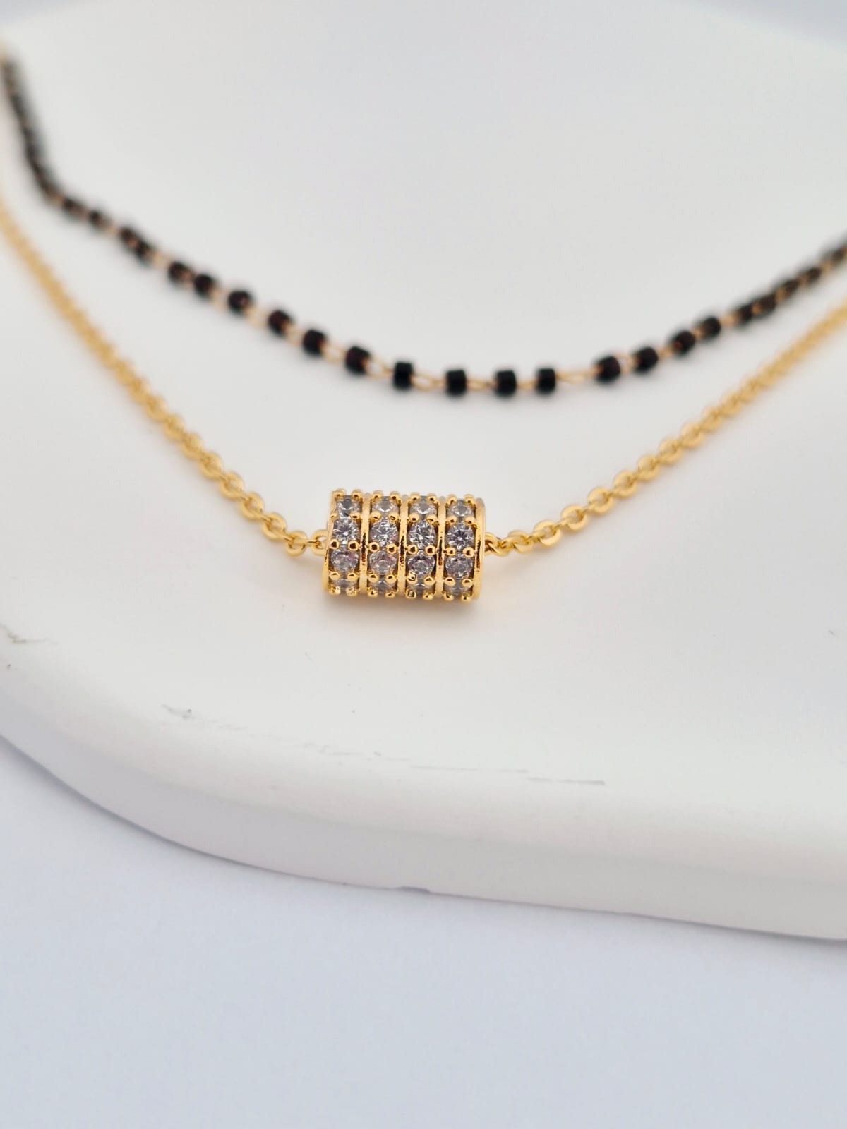 ANNAYA Gold Plated Beaded Necklace โ Double Layer Chain with Crystal Pendant