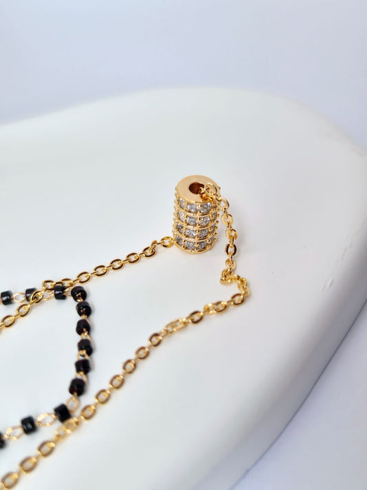 ANNAYA Gold Plated Beaded Necklace – Double Layer Chain with Crystal Pendant