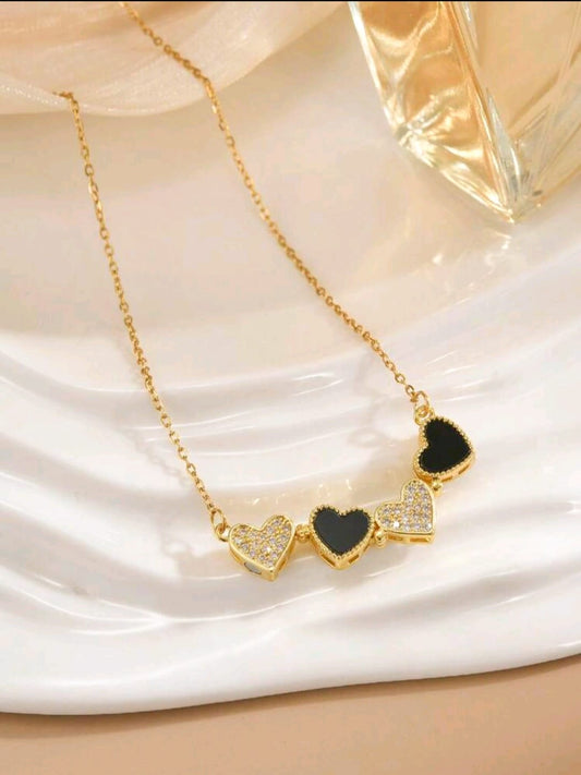 ANNAYA Gold-Plated 4 Leaf Heart Charm Necklace – Black Enamel & Crystal Design for Women