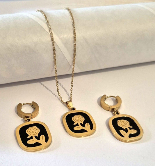 ANNAYA Rose Pendant Necklace & Earrings – Gold-Plated with Black Enamel