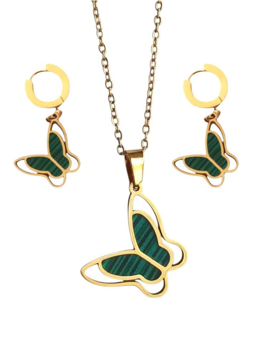 ANNAYA Butterfly Pendant Necklace & Earrings Set – Gold-Plated with Green Enamel