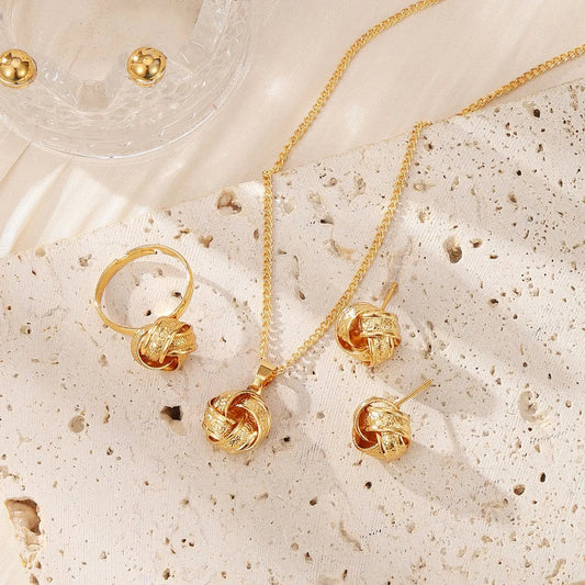 Elegant Gold-Tone Knot Jewelry Set (Necklace, Earrings & Ring)