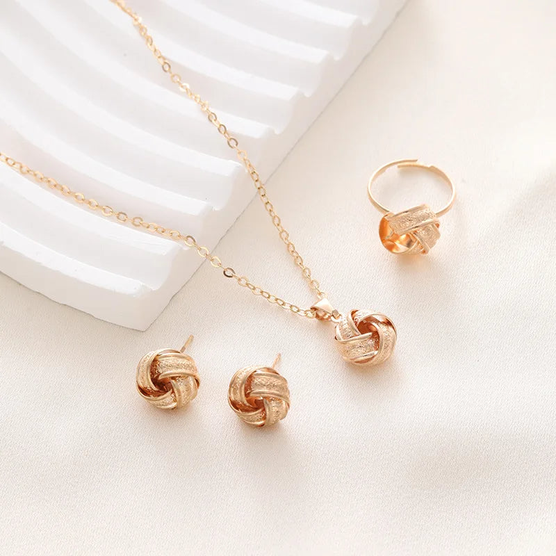 Elegant Gold-Tone Knot Jewelry Set (Necklace, Earrings & Ring)
