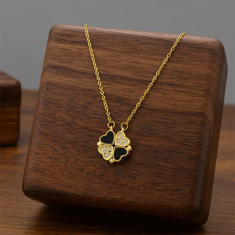 ANNAYA Gold-Plated 4 Leaf Heart Charm Necklace – Black Enamel & Crystal Design for Women