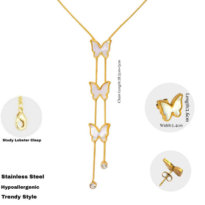 ANNAYA Butterfly Tassel Necklace & Earrings Set – Gold-Plated Zircon Jewelry