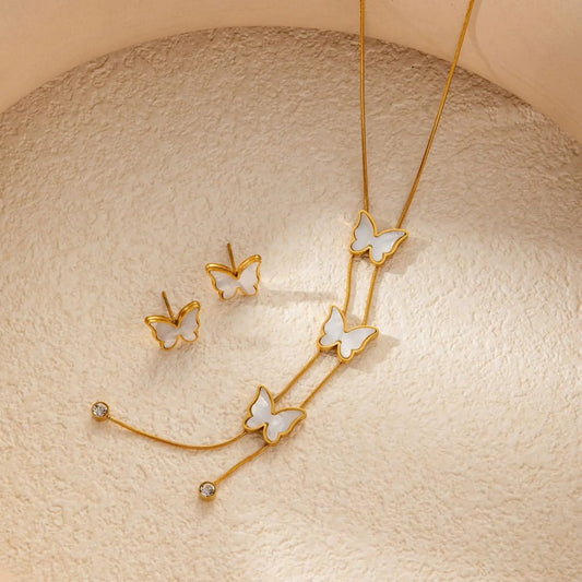 ANNAYA Butterfly Tassel Necklace & Earrings Set – Gold-Plated Zircon Jewelry