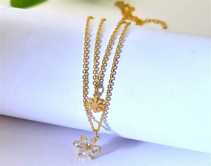 ANNAYA Double-Layered Flower Pendant Necklace – Stainless Steel Jewelry for Women