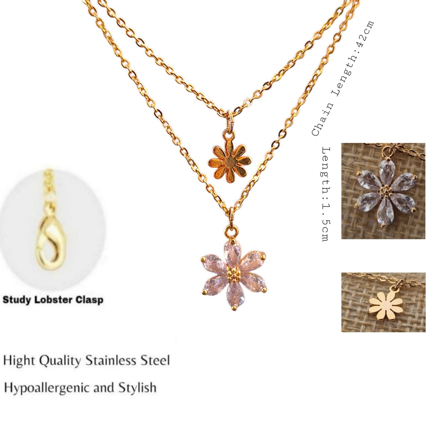 ANNAYA Double-Layered Flower Pendant Necklace – Stainless Steel Jewelry for Women