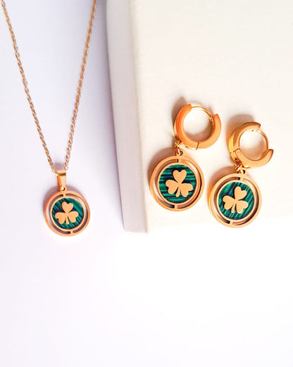 ANNAYA Clover Leaf Necklace & Hoop Earrings – Green & Gold Enamel Jewelry