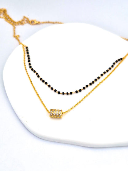 ANNAYA Gold Plated Beaded Necklace – Double Layer Chain with Crystal Pendant