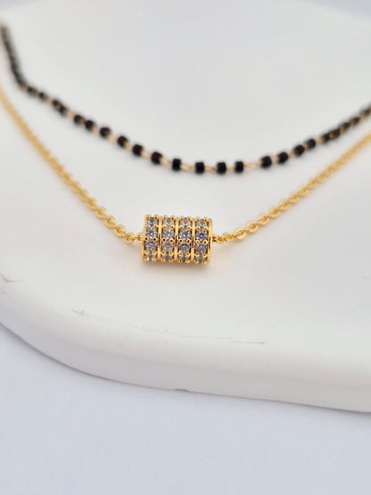 ANNAYA Gold Plated Beaded Necklace – Double Layer Chain with Crystal Pendant