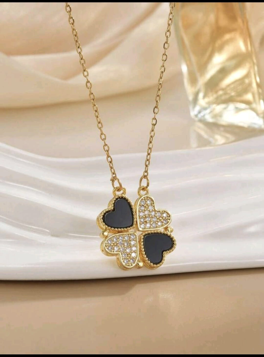 ANNAYA Gold-Plated 4 Leaf Heart Charm Necklace – Black Enamel & Crystal Design for Women
