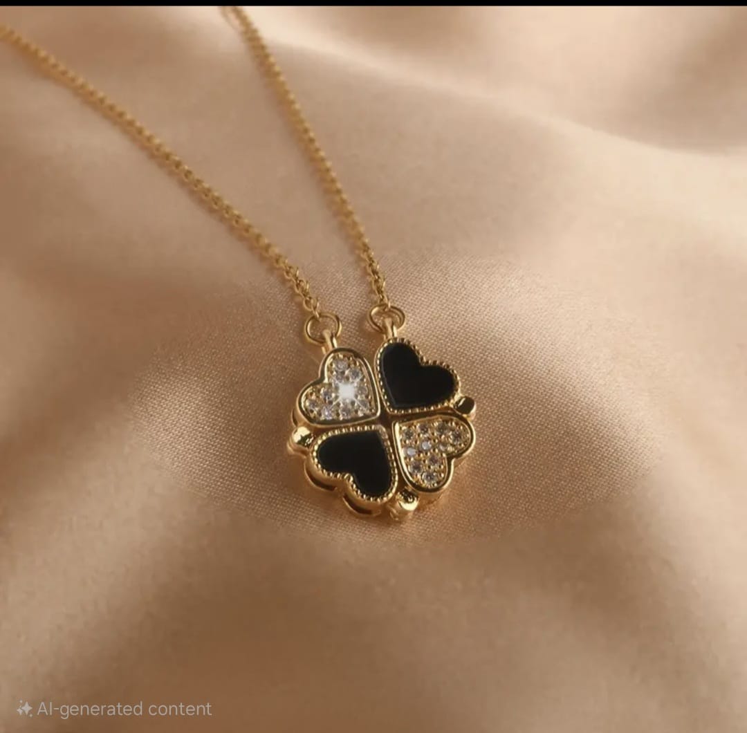 ANNAYA Gold-Plated 4 Leaf Heart Charm Necklace – Black Enamel & Crystal Design for Women