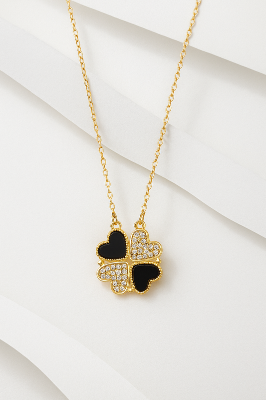 ANNAYA Gold-Plated 4 Leaf Heart Charm Necklace – Black Enamel & Crystal Design for Women