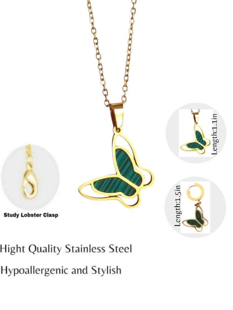 ANNAYA Butterfly Pendant Necklace & Earrings Set – Gold-Plated with Green Enamel
