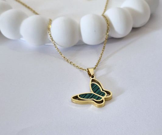 ANNAYA Butterfly Pendant Necklace & Earrings Set – Gold-Plated with Green Enamel