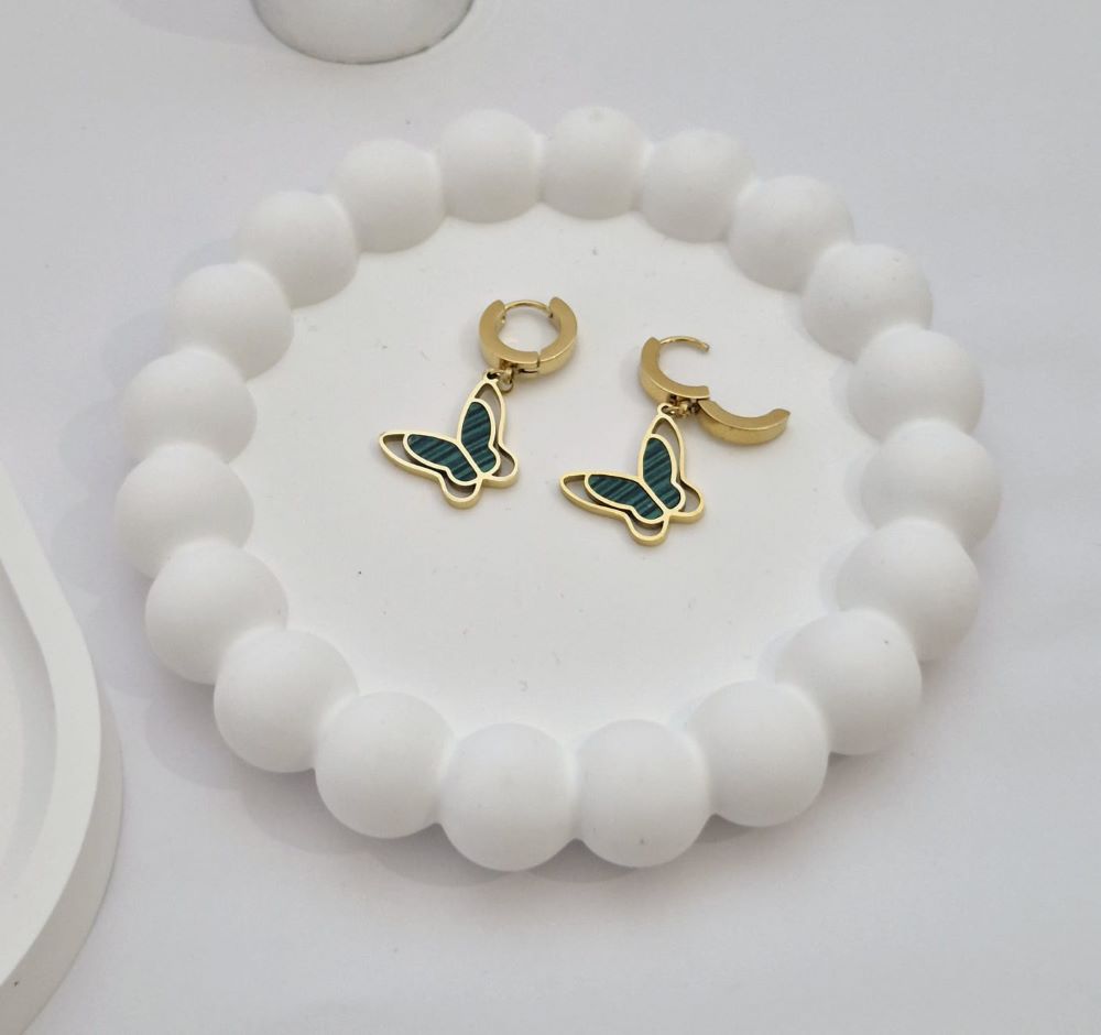 ANNAYA Butterfly Pendant Necklace & Earrings Set – Gold-Plated with Green Enamel
