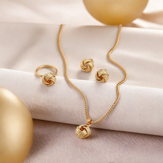 Elegant Gold-Tone Knot Jewelry Set (Necklace, Earrings & Ring)